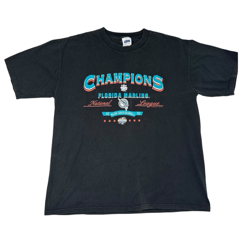 Vintage 2003 Florida Marlins NL Champions MLB Graphic T-Shirt Size XL Black